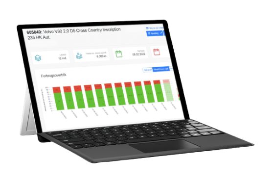 Kundeportalens forbrugsoverblik på en tablet med søjler over kilometerfordelingen